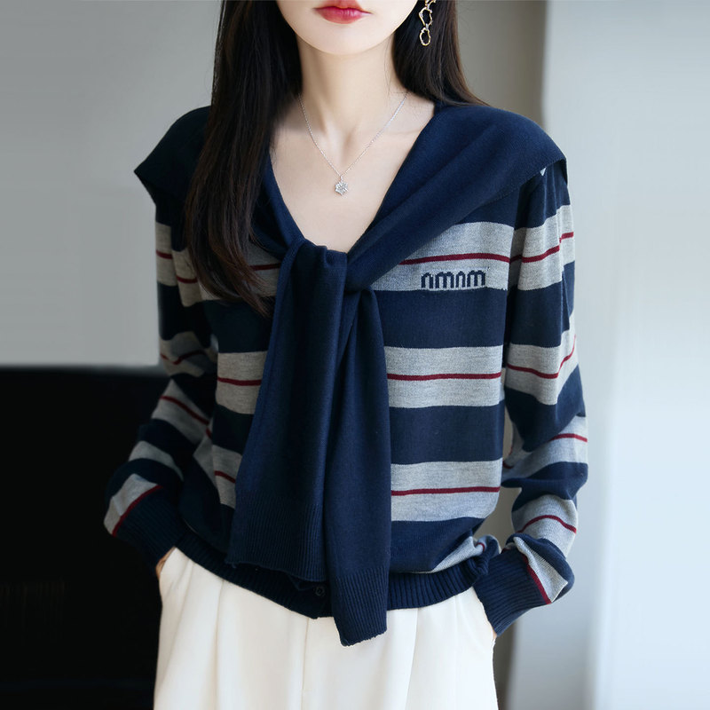 春秋季2025年新款条纹披肩针织开衫女V 领宽松短款毛衣上衣外搭潮|undefined