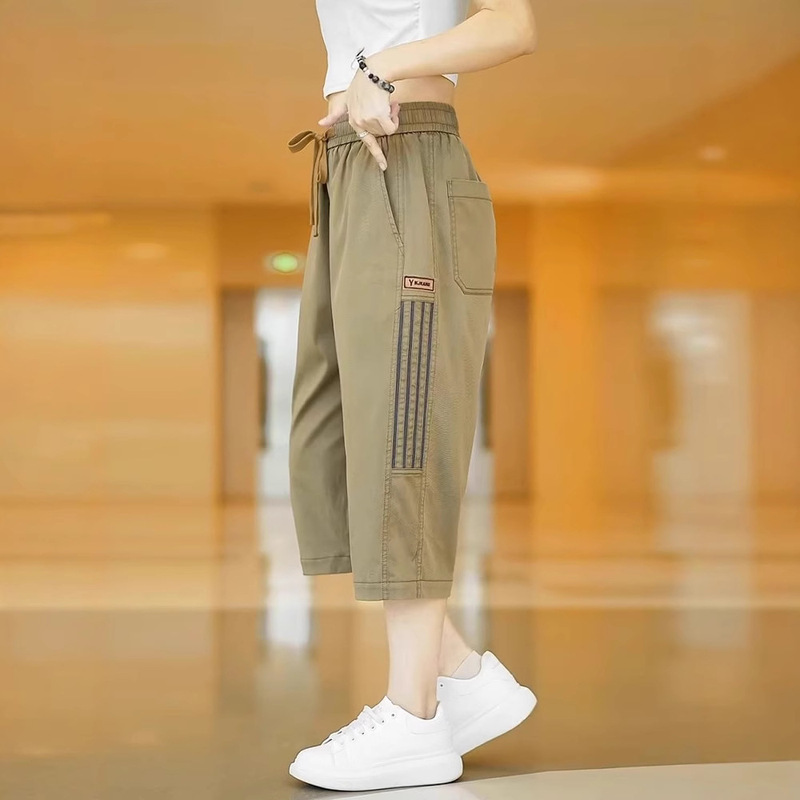 Summer Thin Casual Shorts for Men Versatile Stylish Handsome Cropped Pants Men's Trendy Brand Striped Breathable Straight Pants