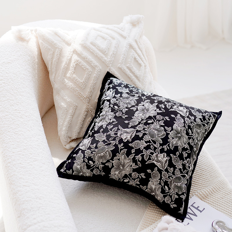 Cojín de estilo francés retro floral funda de almohada moderna simple blanco y negro almohada americana sala de estar sofá cojín estilo Chanel