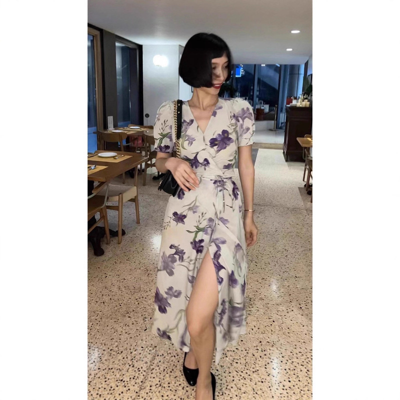Women's Mid-Length Short-Sleeved V-Neck French Retro Tea Break Dress, Wrap-Around Casual Vacation Long Dress with a Cinched Waist