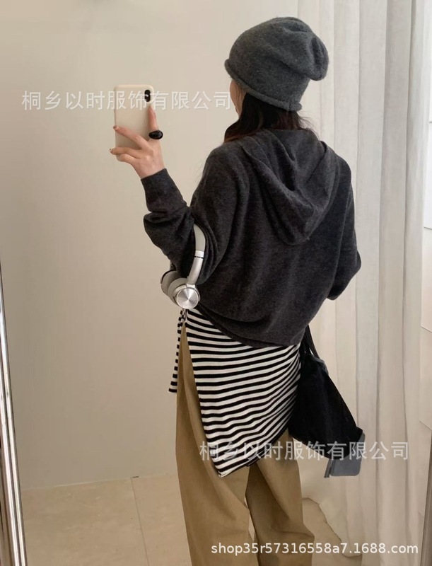 以时 25秋冬新款百分百全羊毛针织小开衫 森系连帽双头连外套 女|undefined