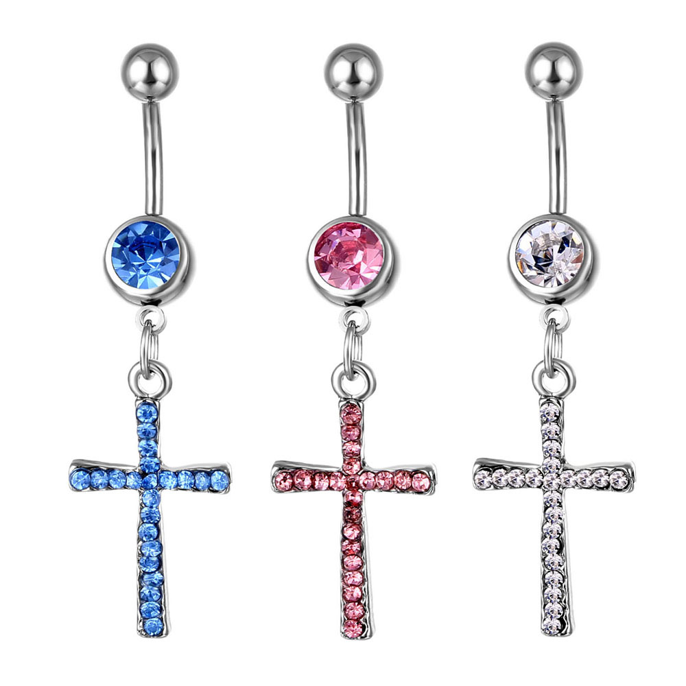 Fashion Cross-border Products: Piercing Jewelry, Stainless Steel Studs With Diamond-encrusted Cross Pendants, Navel Rings Easy To Wear_voghion.com