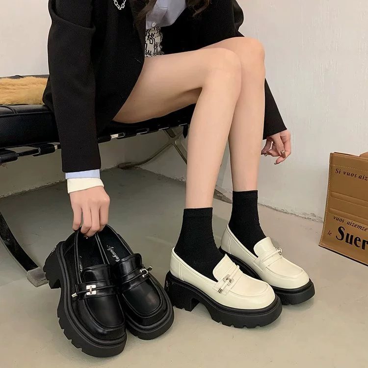 Французские Лоферы женские на толстой подошве 2024 Весна Новые Британские кожаные туфли на платформе и высоком каблуке кожаные туфли с круглым носком однослойные туфли