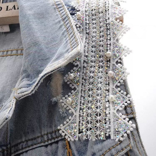  Spring New Korean-Style Lace Beaded Denim Vest Women's Short Sleeveless Waistcoat Jacket Top Trendy Shoulder Pad Style