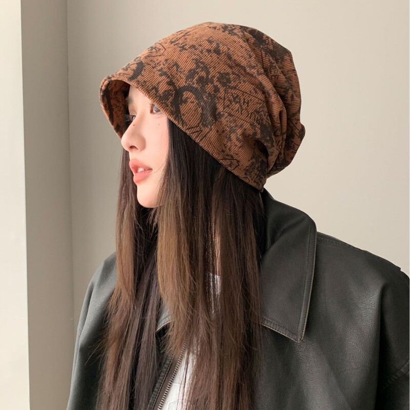 Spring and Autumn New Printed Slouchy Beanie Korean Style Windproof Face-Slimming Small Turban Hat Warm Cold Hat Casual Versatile Hat for Women