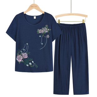 Middle-aged and elderly women's summer two-piece mother's 70-year-old grandmother's short-sleeved T-shirt jacket set Old Lady's pajamas