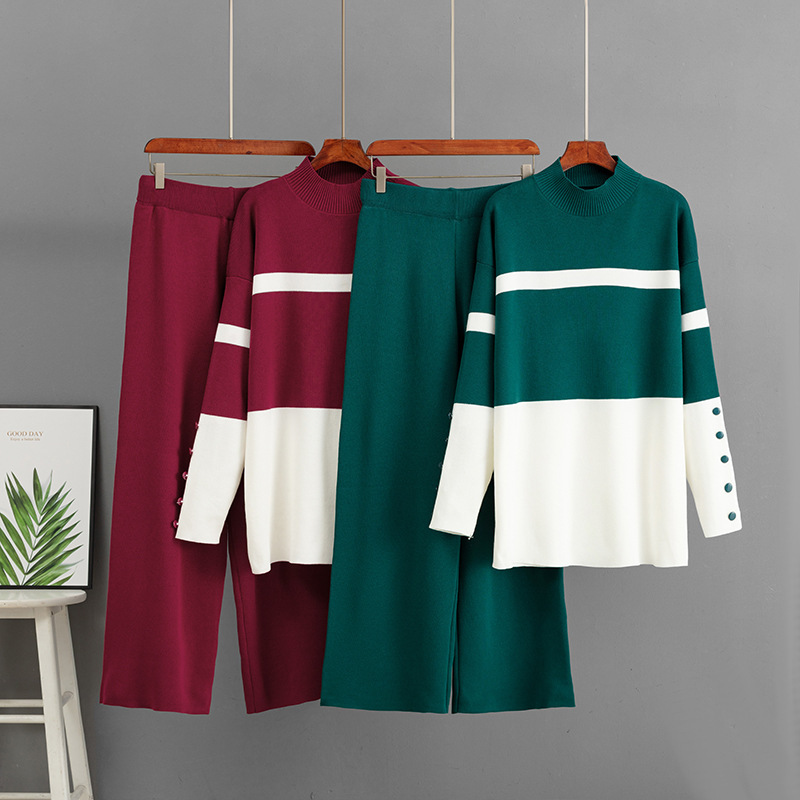 Cross-Border Autumn and Winter New Contrasting Color Knitted Suit Women's Loose Casual Wide-Leg Pants Two-Piece Set Fashionable Versatile Sweater Cross-Border Autumn and Winter New Contrasting Color Knitted Suit Women's Loose Casual Wide-Leg Pants Two-Piece Set Fashionable Versatile Sweater