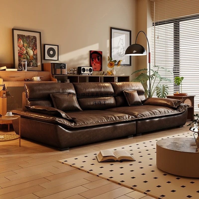 Retro Cat-Scratch Oil Wax Leather Sofa Living Room High-End Sofa Mid-Century Style Distressed Straight-Line Cat-Scratch Leather American Sofa