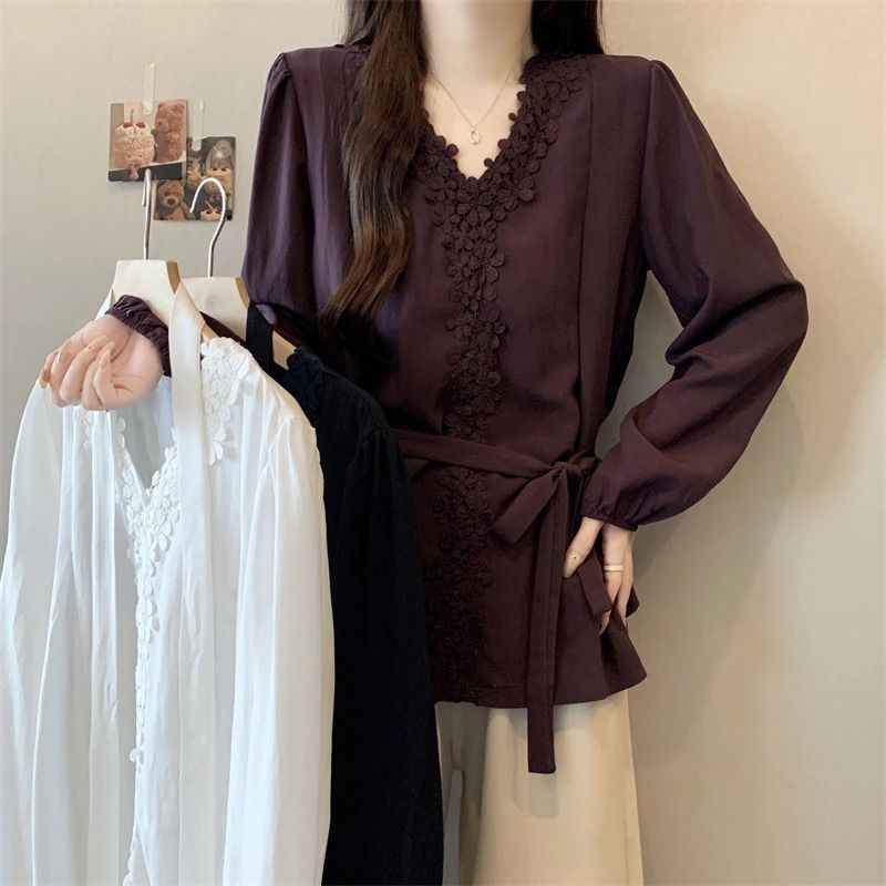 Plus Size Autumn New Elegant Collar Lace-Up Lace Splicing Long-Sleeved Shirt Versatile Loose Flesh-Covering Long-Sleeved Top