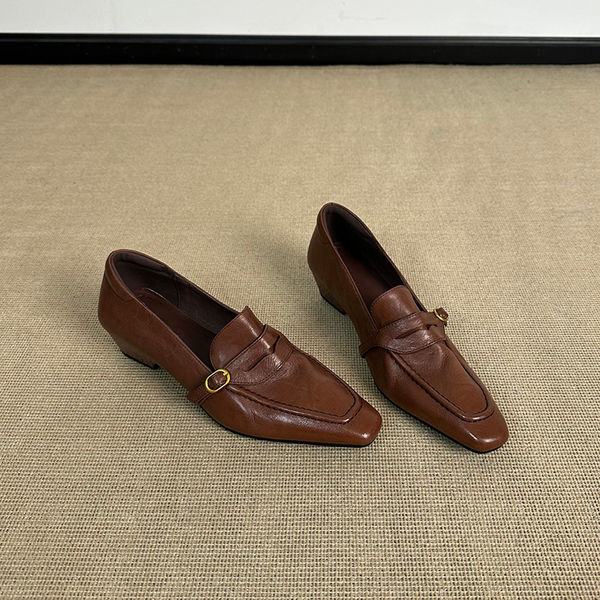 Giày lười nữ da bò mũi vuông gót thô 4 cm phong cách retro, khóa cài, giày công sở xỏ chân — Màu nâu (4cm) hàng có sẵn, Màu đen (4cm) hàng có sẵn