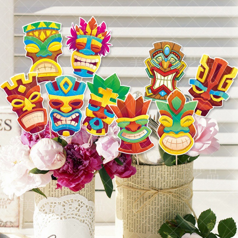 Jarrón de decoración de fiesta hawaiana transfronteriza con tarjeta de decoración de jarrón de máscara primitiva de fiesta de playa de verano