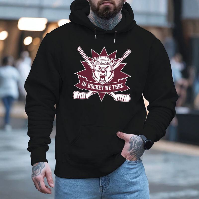Hooded sweatshirt with ice hockey bear head badge print for men, American sports style, loose fit pullover Hooded sweatshirt with ice hockey bear head badge print for men, American sports style, loose fit pullover