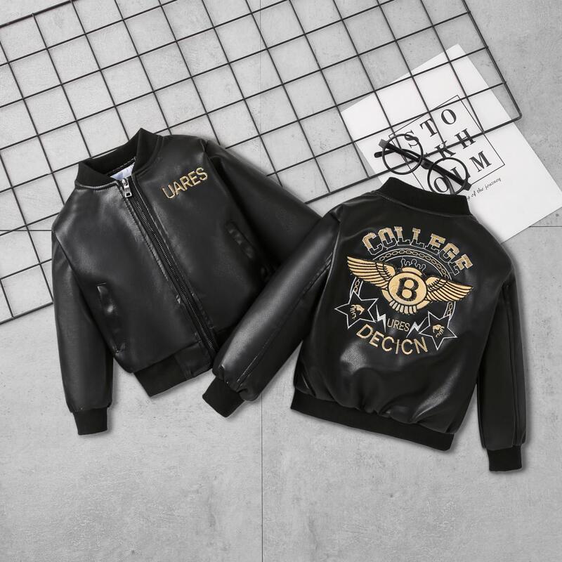 Boys' Baseball Uniform Leather Jacket Children's Pu Leather Jacket 2026 Spring and Autumn New Korean Style Round Neck Embroidered Baby Coat