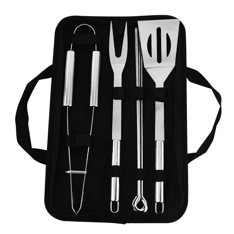 Amazon venta caliente de acero inoxidable herramientas de barbacoa al aire libre bolsa de tela BBQ grill horquilla de horquilla caja de aluminio conjunto de combinación