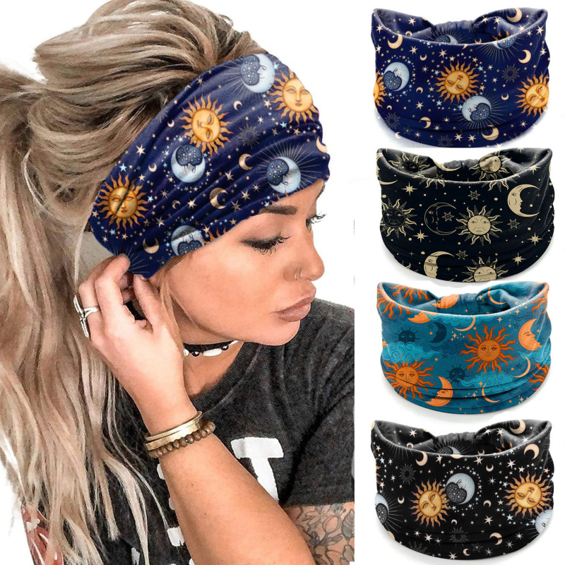 ヨーロッパとアメリカの星空と月のプリントパーソナライズされたパターンつば広ヘアバンドヨガスポーツフィットネスヘッドバンド帽子ヘアバンド卸売|undefined
