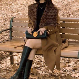 D6C韩系感卡其色海军领呢子大衣女2025秋冬新款加厚毛呢外套