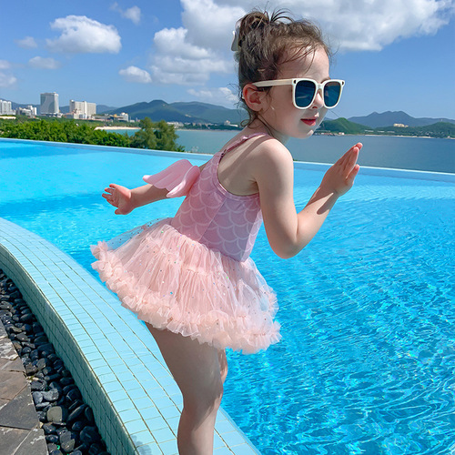 Children's swimsuit, girl's Korean-style one-piece princess dress-style baby back wings swimsuit for girls, hot spring swimsuit