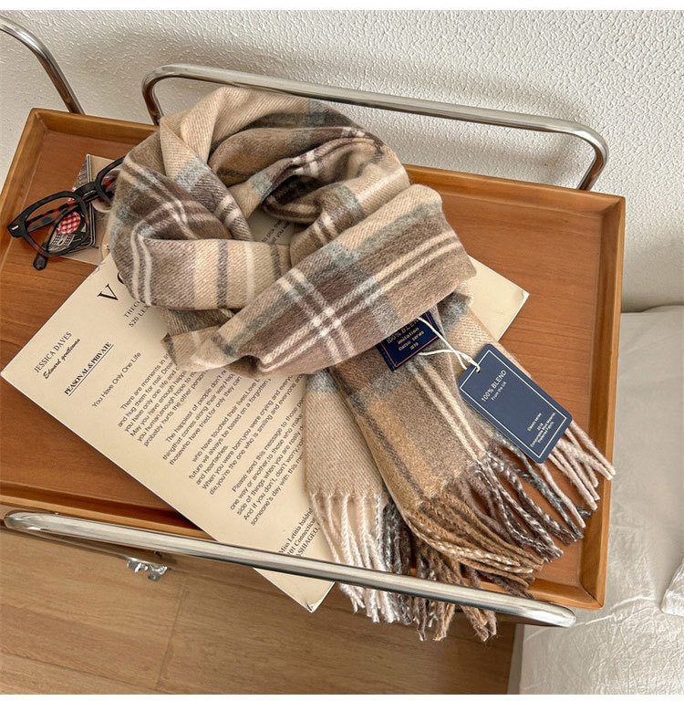 Women's Couple Retro Mens British Style Lattice Plaid Sheep Polyester Tassel Scarf display picture 5