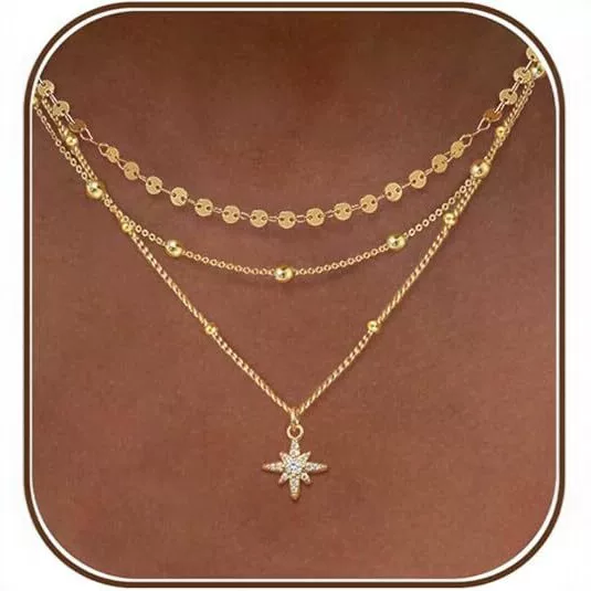14K Gold-Plated Three-Layer Stacked Necklace for Women with Zircon Star Pendant, Light Luxury Clavicle Chain, European and American Fashion Versatile Jewelry