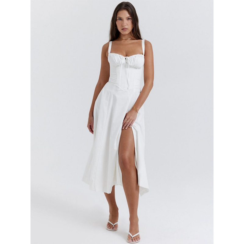 Hot Low-Cut Sexy Digital Printed Chest and Back Strap Waist Mid-Length Dress