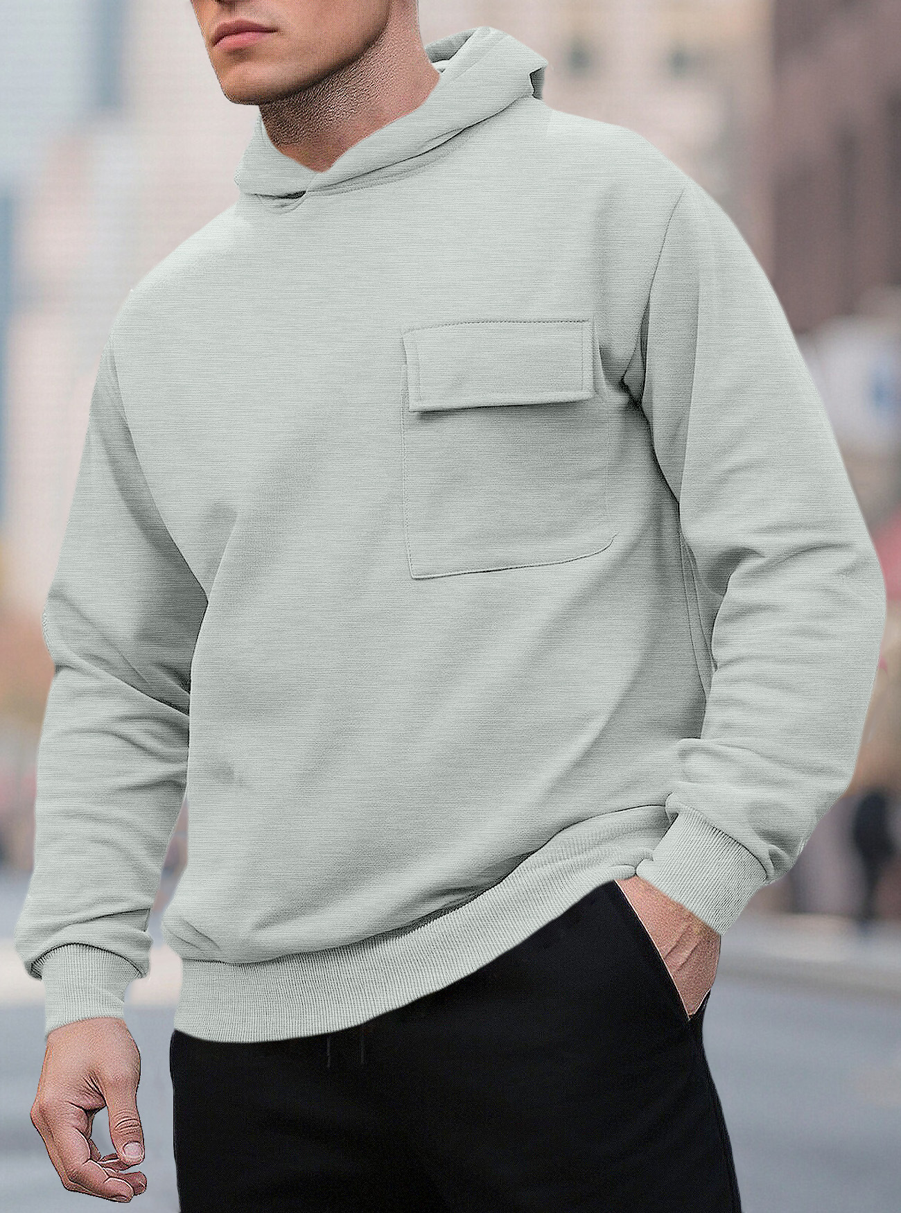 Sweat à capuche homme en coton molletonné avec poche plaquée_voghion.com