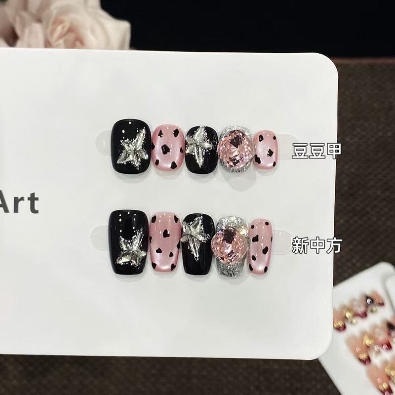 Aomian American Hot Girl Purely Handmade Wearable Nail Patch Pink Leopard Spots Star Diamond Sweet Cool Nail Art Patch