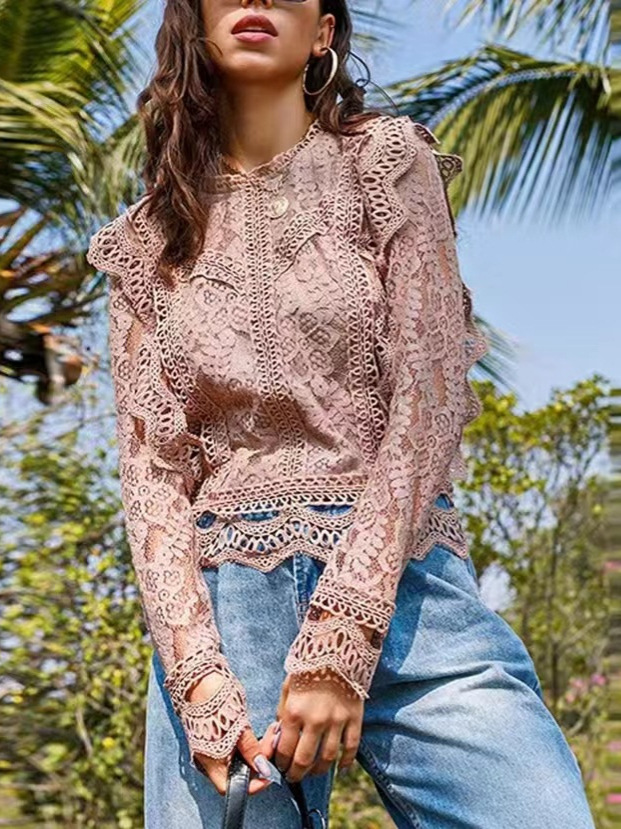 Women's Long Sleeve Blouse Sexy Hollowed Out Lace Top Solid Color Base American Style New Design Coat_ecoleips.com