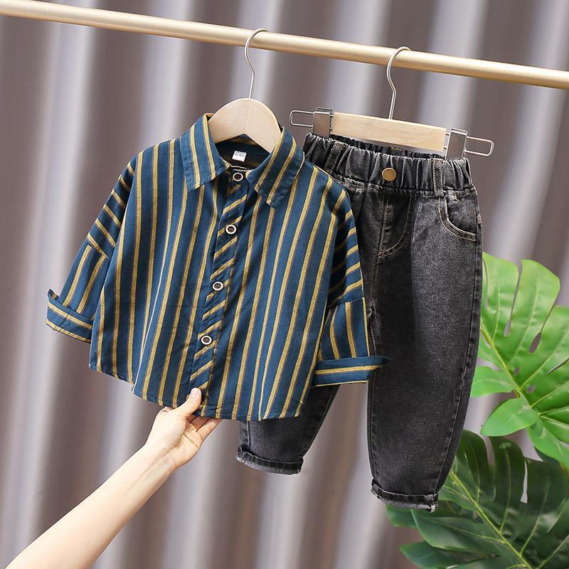 Baby Suit Boy Handsome Spring & Fall 2021 Foreign Style New Internet Celebrity Jeans Shirt Kidsren's Two-Piece Shirt