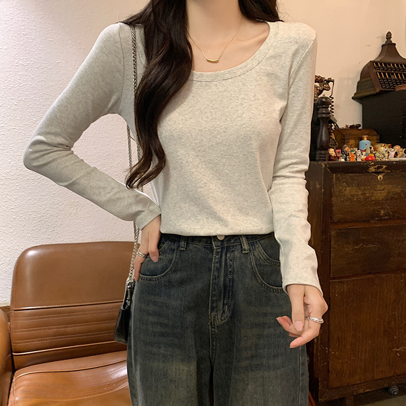 春秋长袖纯棉打底衫女2025新款修身基础款低圆领内搭正肩t恤上衣|undefined