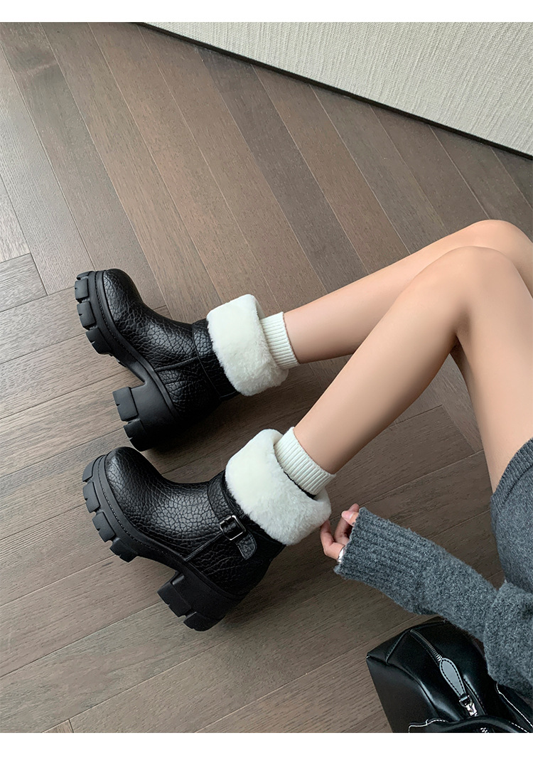 Boot tuyết nữ da thật cổ ngắn lót lông cừu, đế dày khóa thắt lưng gót vuông — màu nâu chi tiết 9