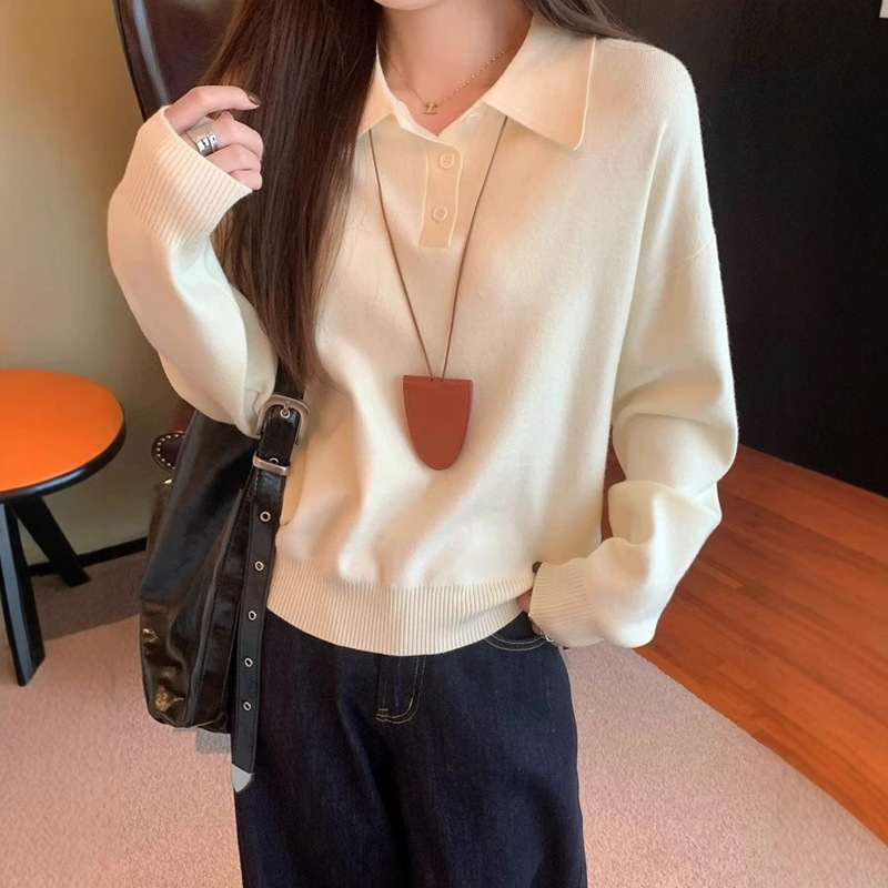 Korean-Style Polo Collar Button Design Andy Velvet Long-Sleeve Sweater 2026 Spring New Loose Versatile Top for Women Trendy Korean-Style Polo Collar Button Design Andy Velvet Long-Sleeve Sweater 2026 Spring New Loose Versatile Top for Women Trendy