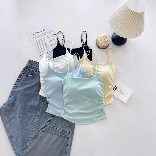 Pure Lust Style Sweet and Spicy Design Pleated Camisole for Women with Breast Pads, One-Cup Inner Wear and Outer Wear Beautiful Back Top for Women