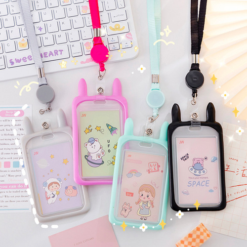 Cute Cartoon Rabbit Ears Children's Universal Card Cover School Card Meal Card Retractable Lanyard ID Cover Factory Direct Sales