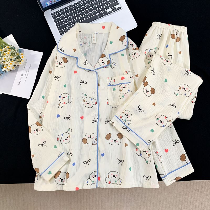 Primavera y otoño pijamas de mujeres pantalones de manga larga nubes de algodón cardigan con solapa dulce dos piezas de dibujos animados lindo ropa para el hogar