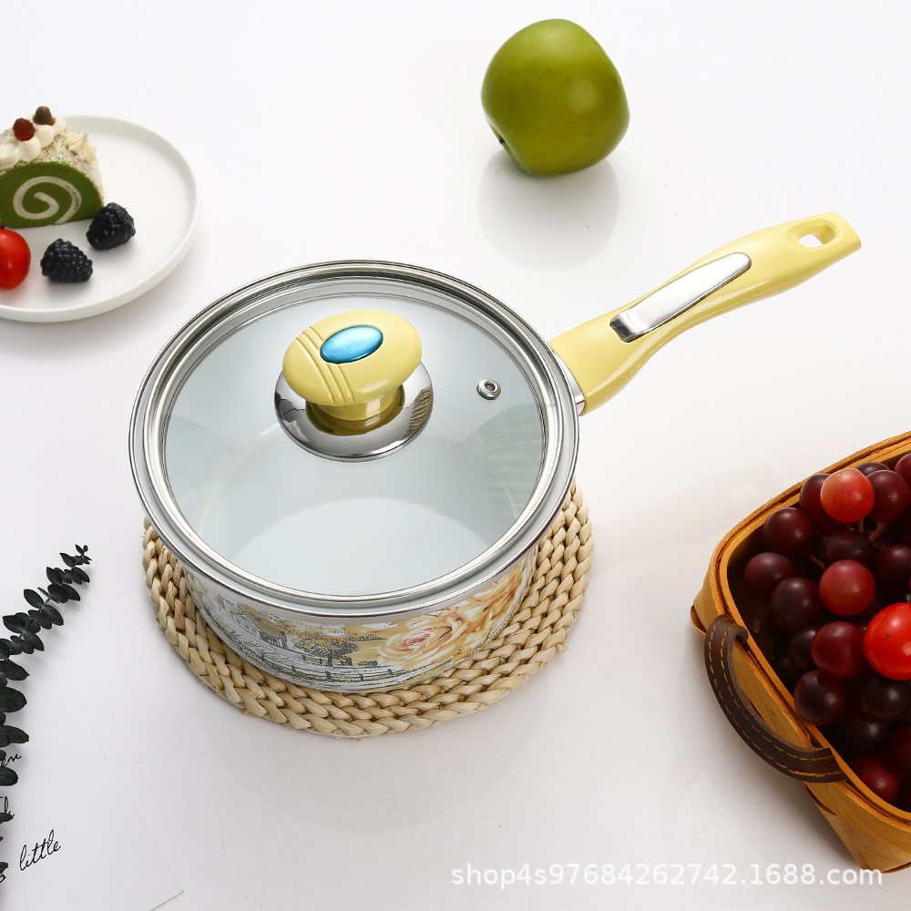 Manufacturer Spot Wholesale Enamel Enamel Single Handle Milk Pot Noodle Pot Baby Food Supplement Pot Induction Cooker Universal Baby Pot