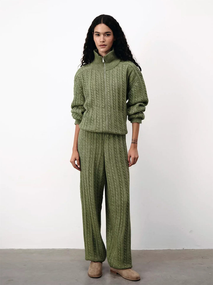 Bộ hai món nữ áo len cardigan cổ bẻ khóa kéo phối quần dài ống đứng, form rộng — Bộ hai mảnh áo len màu hồng, Bộ hai mảnh áo len màu sô cô la, Bộ hai mảnh áo len màu xanh ô liu, Bộ hai mảnh áo len màu xám chi tiết 18