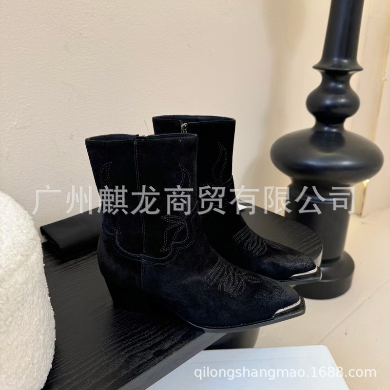 高端品质2025真皮尖头复古刺绣粗跟粗高跟侧拉链西部牛仔靴骑士靴|undefined