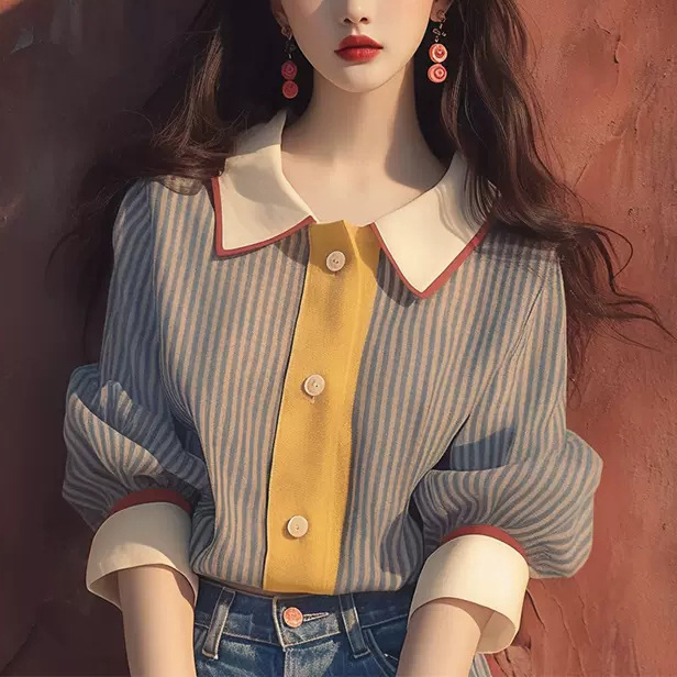 2024 Autumn Korean Style Loose Seven-sleeve Chiffon Shirt Mogo Fish Yuan Creating Age-reducing Beautiful Stitching Striped Shirt