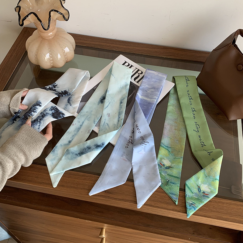Bufandas de seda largas correa de cabello para mujeres primavera y verano versátil pintura al óleo coreana decoración de bufandas de pañuelo bolsa de correa de cabello adornamiento para el cabello