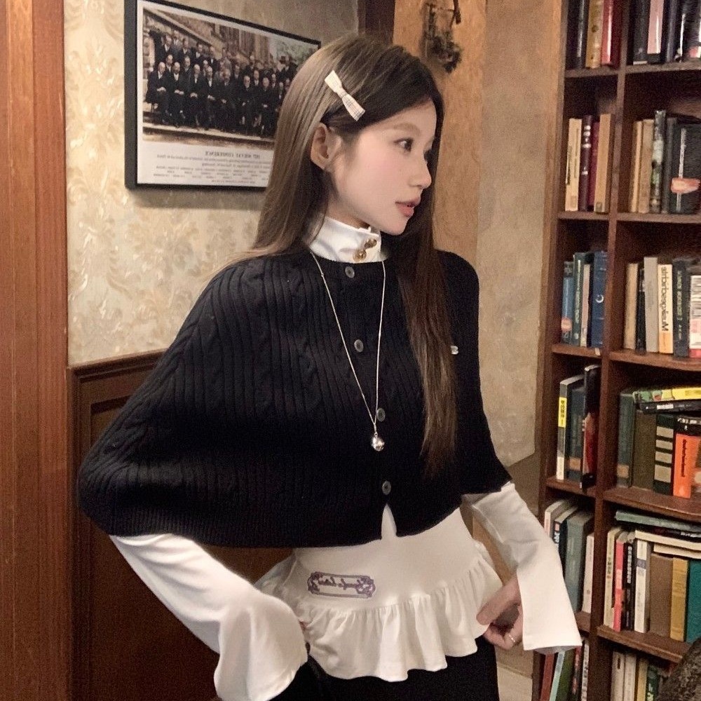 韩系简约麻花斗篷毛衣披肩女早秋季设计感高领打底上衣叠穿两件套