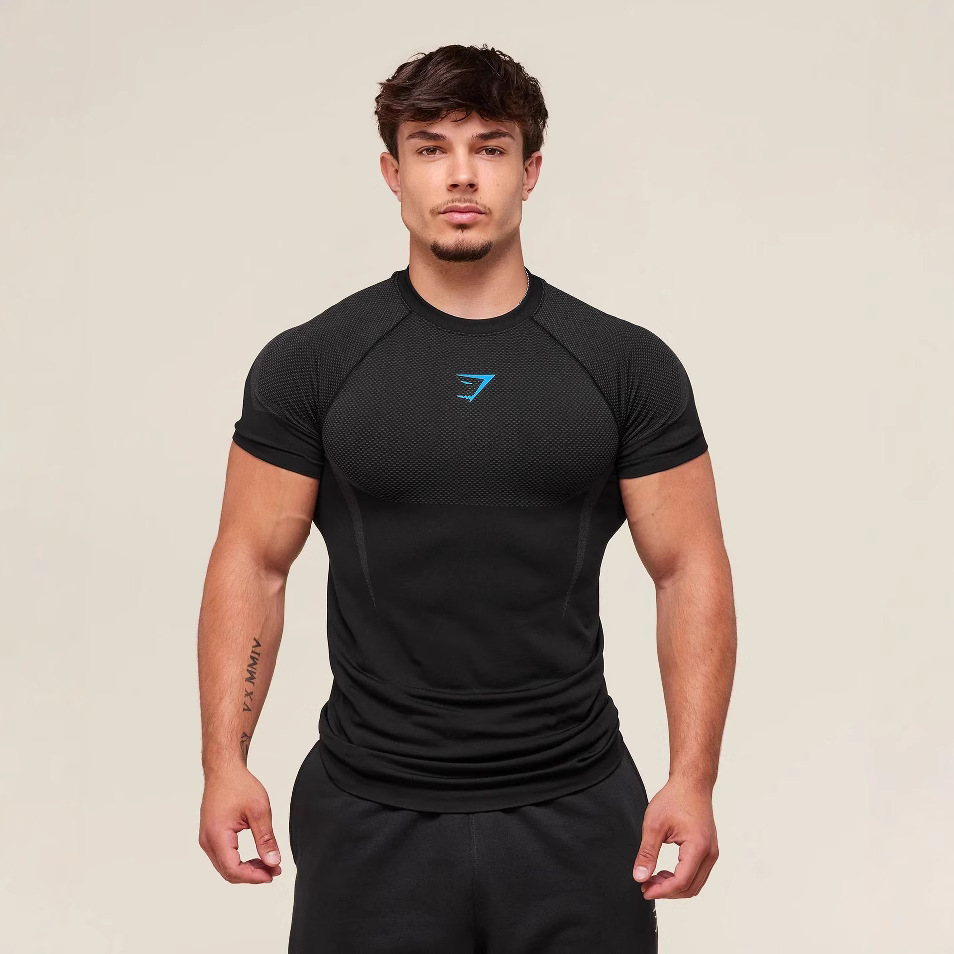 GYMSHARK Fitness top para hombres carrera casual de secado rápido transpirable medias de manga corta camiseta de tiburón muscular masculino
