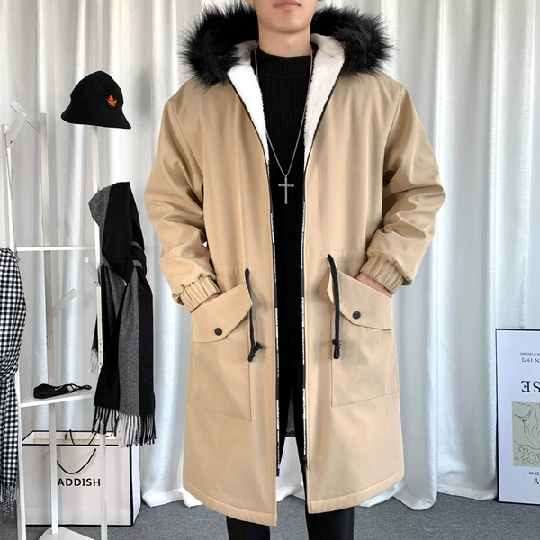 Khaki fleece trench coat with zipper