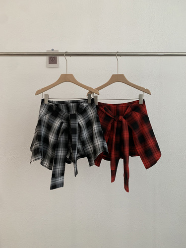 Omaile Irregular A-line Shorts Summer Retro High-Waist Grid Belt Pencil Skirt Set 7986