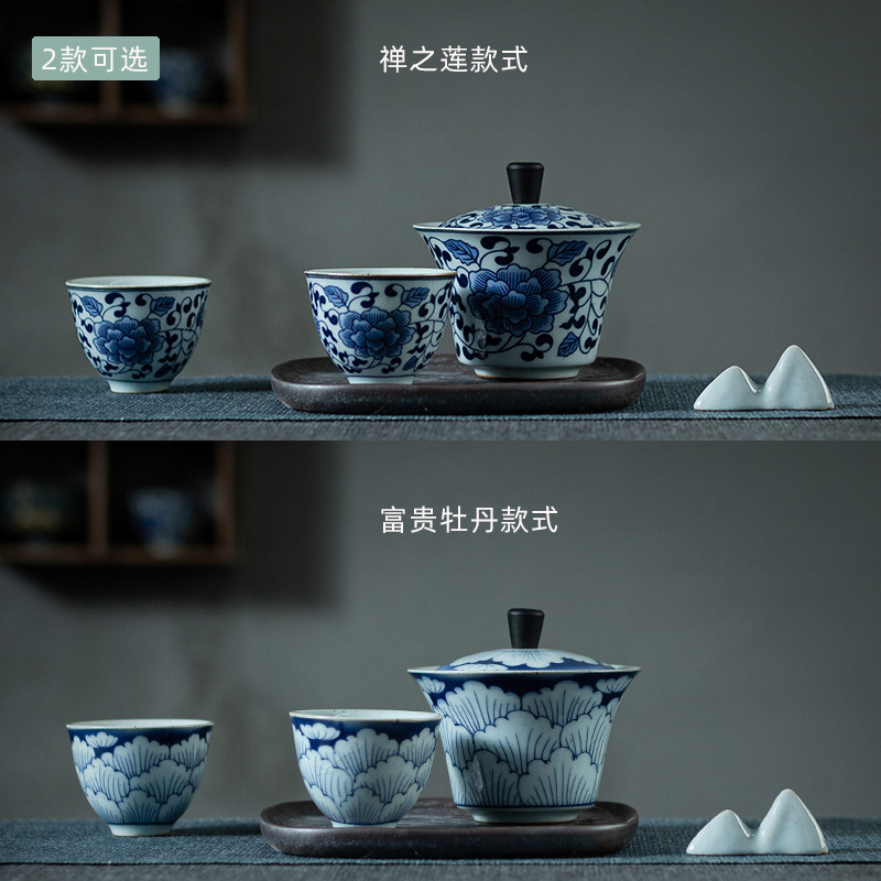 Azul y blanco cubierta de porcelana tazón pequeño conjunto hecho a mano de cerámica grande bandeja de tazón de té Kung Fu juego de té logo mano regalo Kung Fu