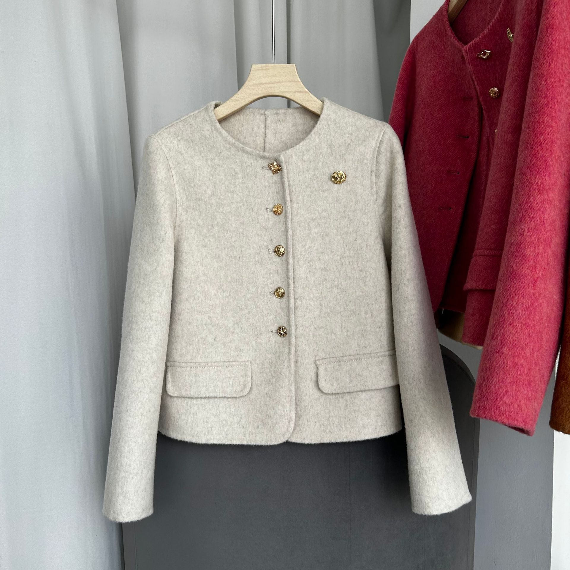 2025 Early Autumn Korean Fashion Versatile Casual Loose Round Neck Long-Sleeved Small Fragrance Jacket Double-Sided Wool Coat