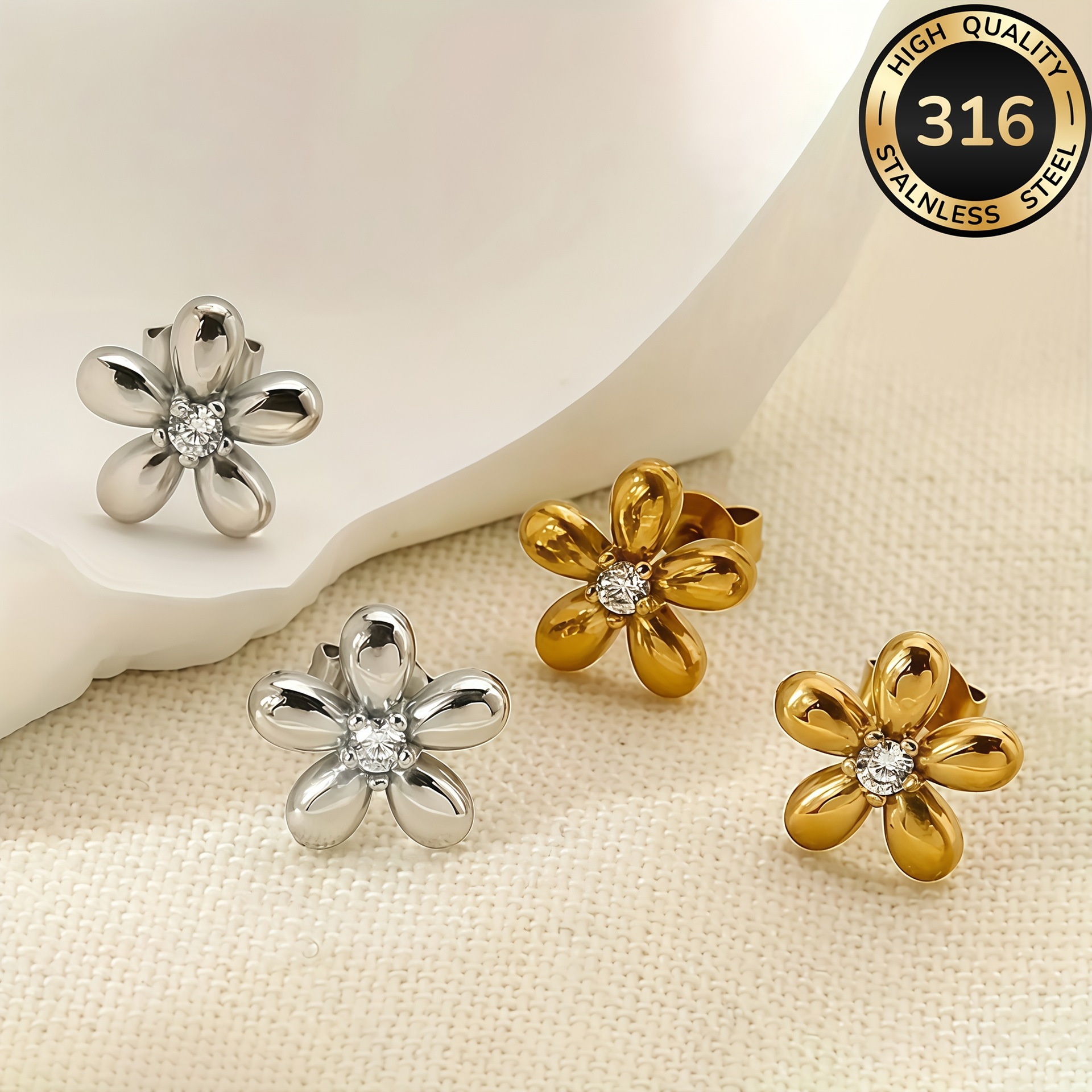 High-Quality 316L Stainless Steel Fresh and Sweet Floral Earrings, Trendy and Versatile, Fashionable and Simple Ear Bone Studs