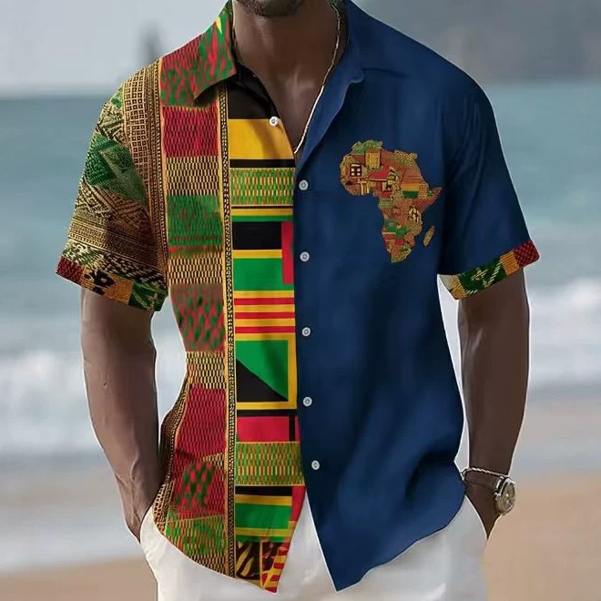 Island resort style American retro short-sleeve shirt for men, Kent pattern patchwork, loose fit, men's clothing, cross-border Island resort style American retro short-sleeve shirt for men, Kent pattern patchwork, loose fit, men's clothing, cross-border