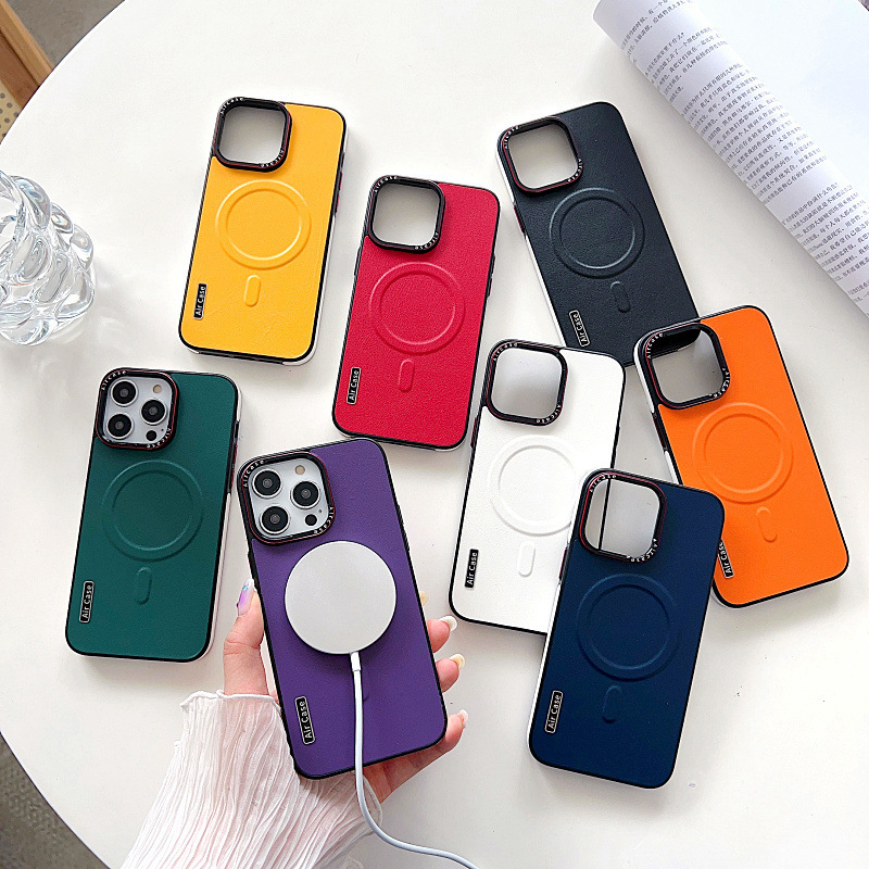 Suitable for Apple 16 plain leather mobile phone case MagSafe magnetic iphone15promax contrast color 13 sets of Samsung S24