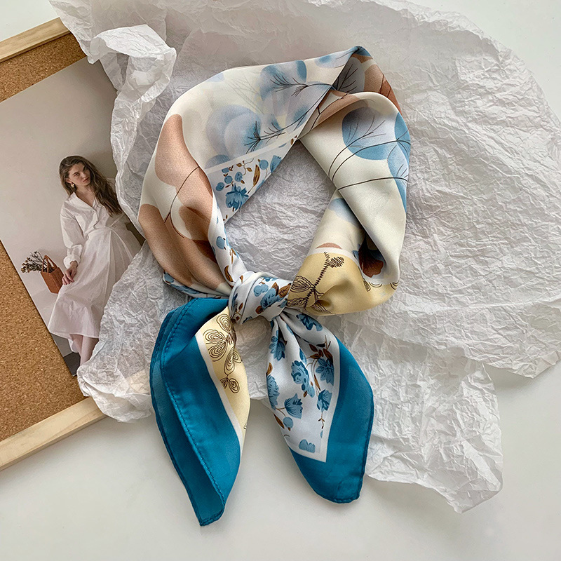 Bufanda de seda, bufanda cuadrada pequeña, sensación premium, nuevo estilo coreano, chal de seda de imitación dulce y fresco, bolso de flores, pañuelo en la cabeza, cinturón para el cabello
