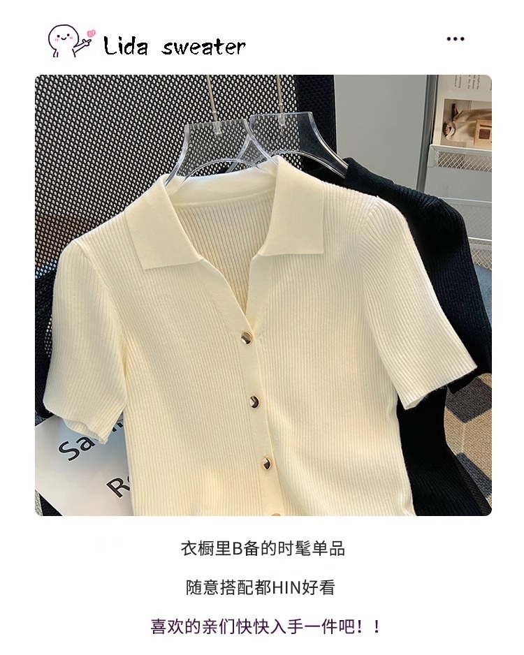 Áo thun dệt kim tay ngắn cổ polo nữ dáng ôm vừa vặn — Màu đen chi tiết 3